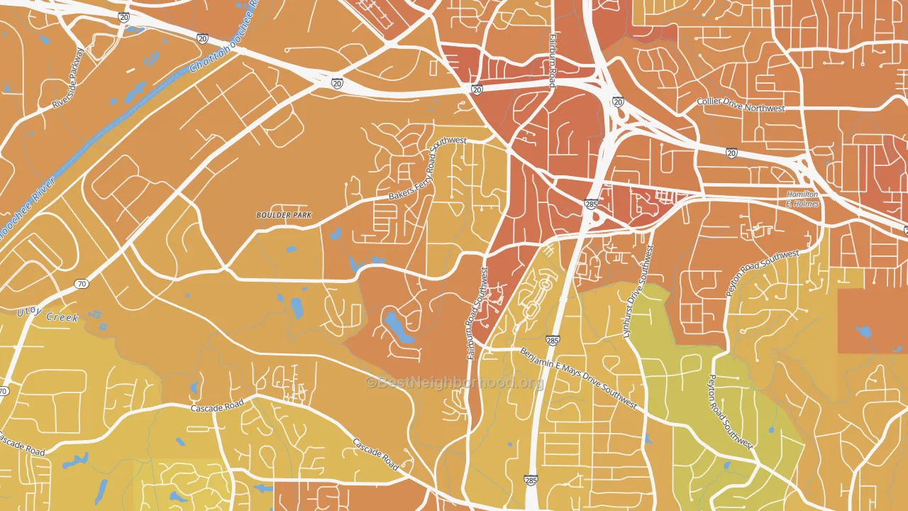 Map of the best neighborhoods in the Adamsville, Atlanta area, with better matches in green and worse matches in red