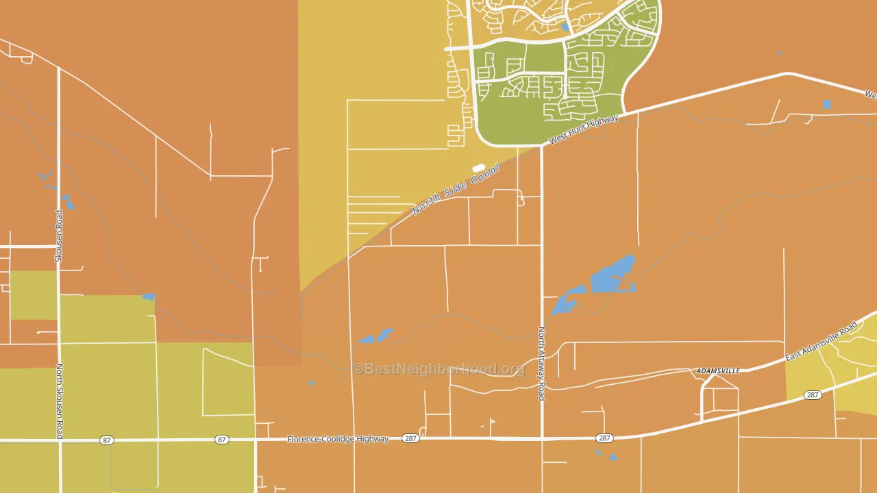 Map of the best neighborhoods in the Adamsville area, with better matches in green and worse matches in red