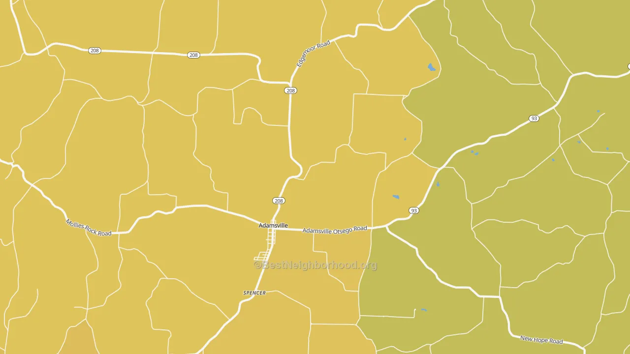 Map of the best neighborhoods in the Adamsville area, with better matches in green and worse matches in red