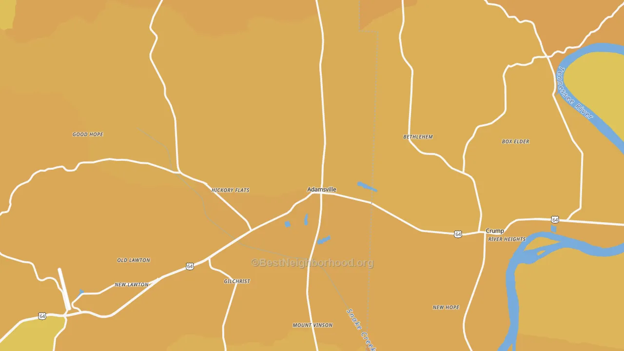 Map of the best neighborhoods in the Adamsville area, with better matches in green and worse matches in red