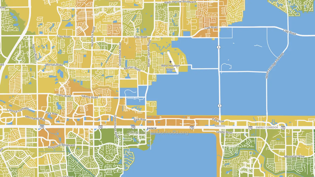 Map of the best neighborhoods in the Addicks-Park ten, Houston area, with better matches in green and worse matches in red