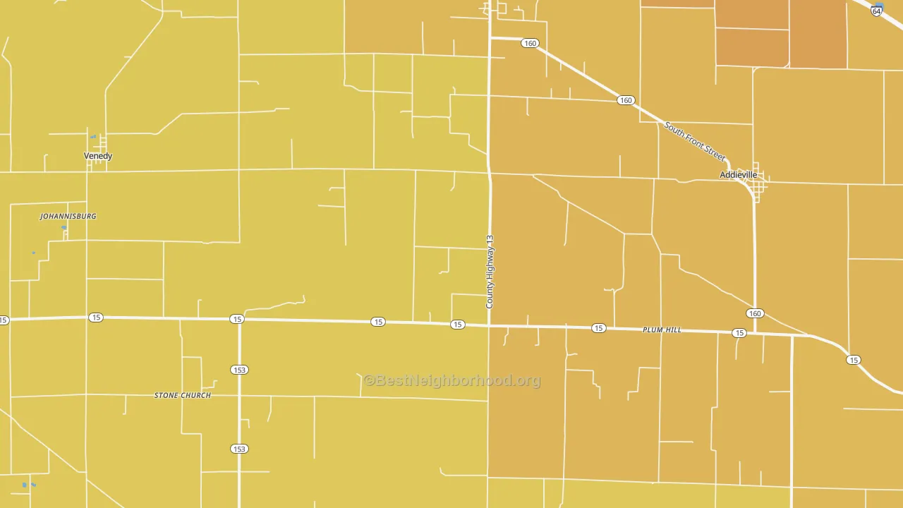 Map of the best neighborhoods in the Addieville area, with better matches in green and worse matches in red