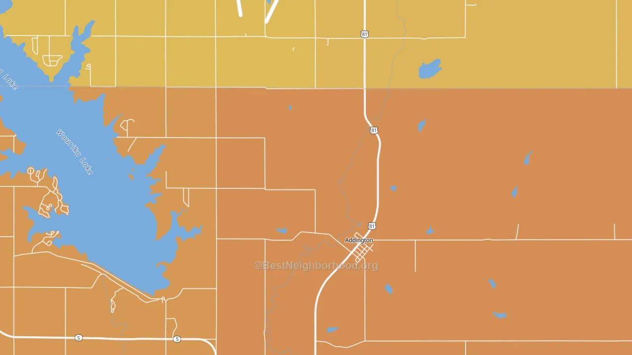Map of the best neighborhoods in the Addington area, with better matches in green and worse matches in red