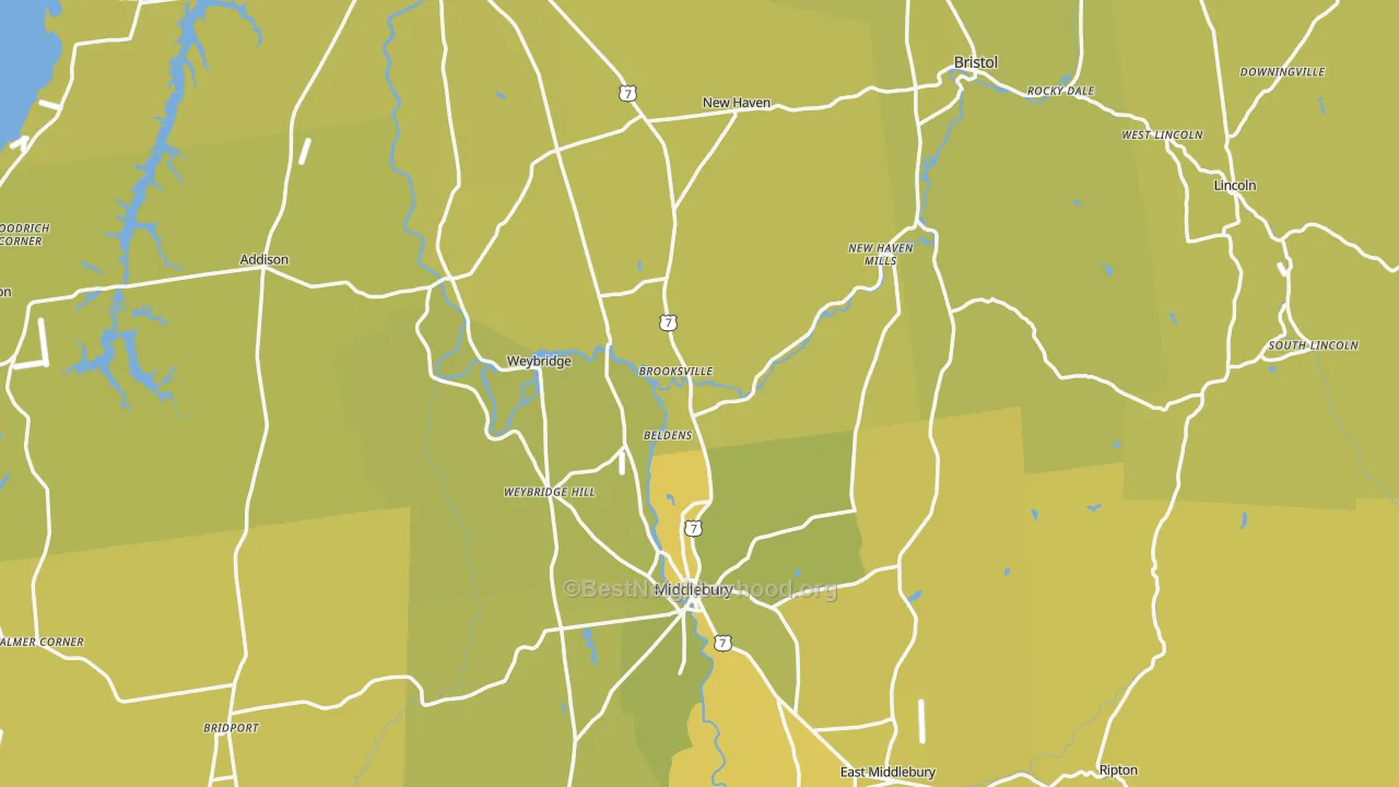 Map of the best neighborhoods in the Addison County area, with better matches in green and worse matches in red