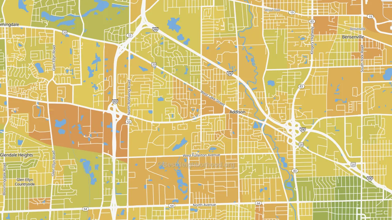 Map of the best neighborhoods in the Addison area, with better matches in green and worse matches in red