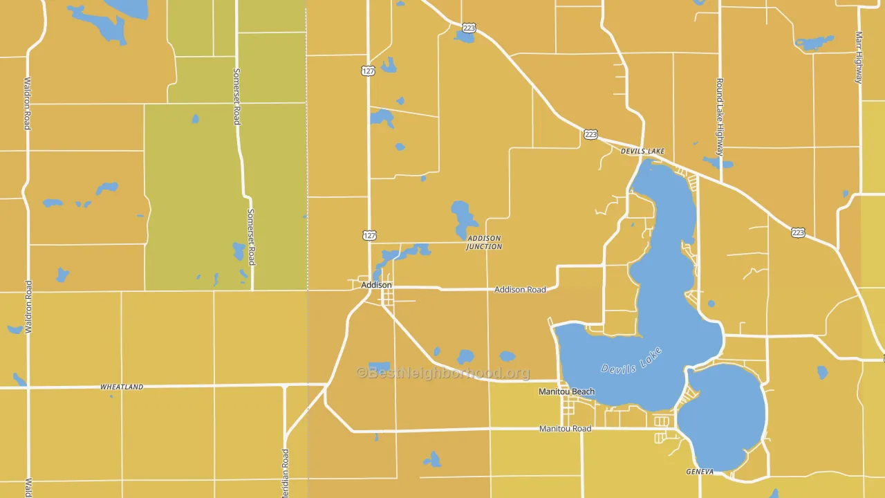 Map of the best neighborhoods in the Addison area, with better matches in green and worse matches in red