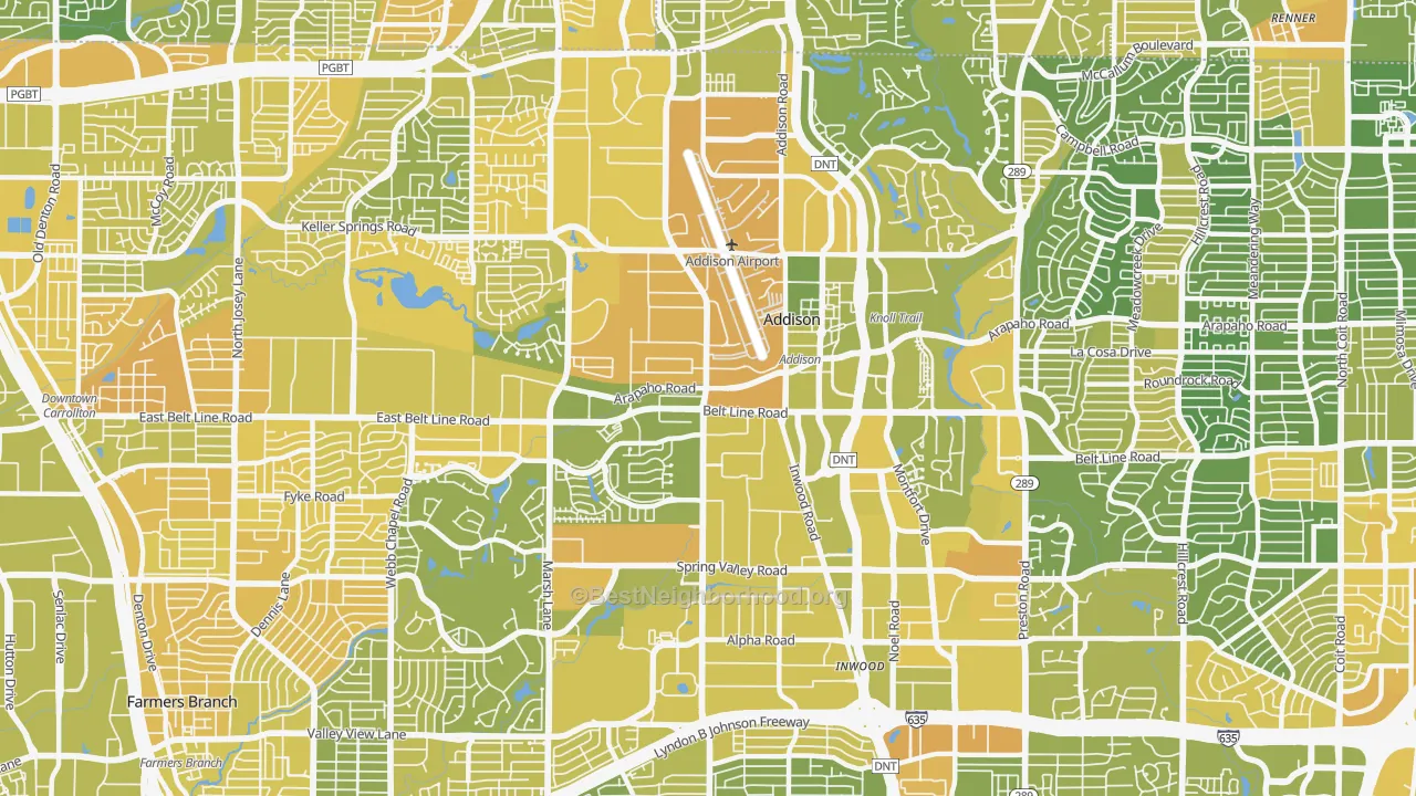 Map of the best neighborhoods in the Addison area, with better matches in green and worse matches in red