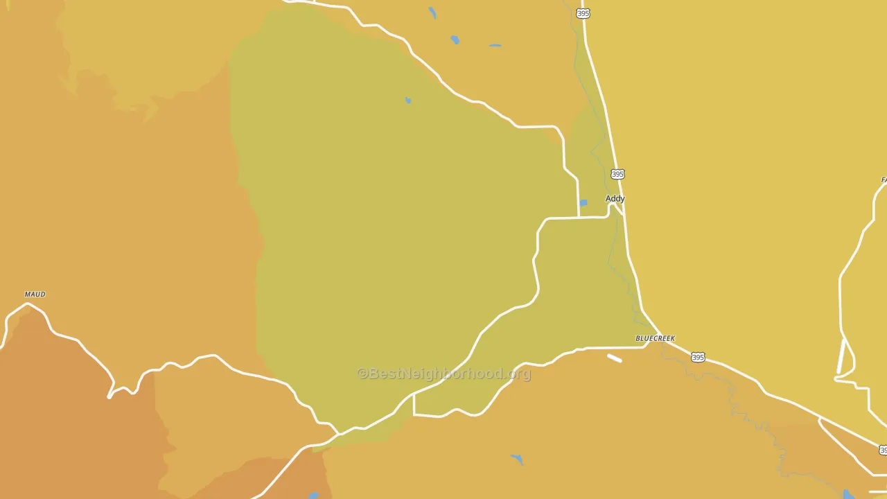 Map of the best neighborhoods in the Addy area, with better matches in green and worse matches in red