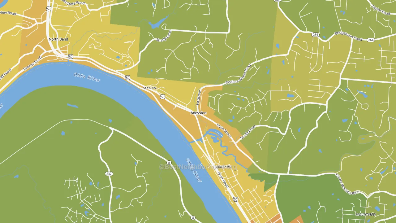 Map of the best neighborhoods in the Addyston area, with better matches in green and worse matches in red