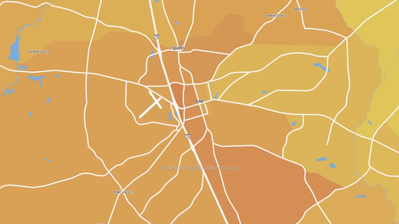 Map of the best neighborhoods in the Adel area, with better matches in green and worse matches in red
