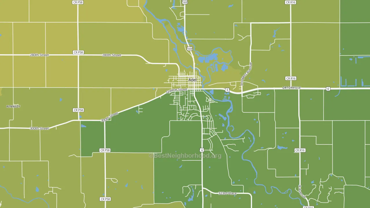 Map of the best neighborhoods in the Adel area, with better matches in green and worse matches in red