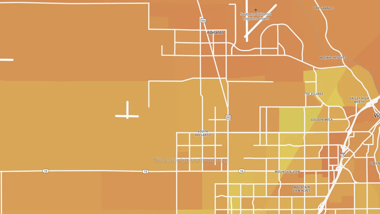 Map of the best neighborhoods in the Adelanto area, with better matches in green and worse matches in red