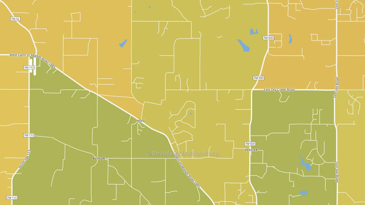 Map of the best neighborhoods in the Adell area, with better matches in green and worse matches in red