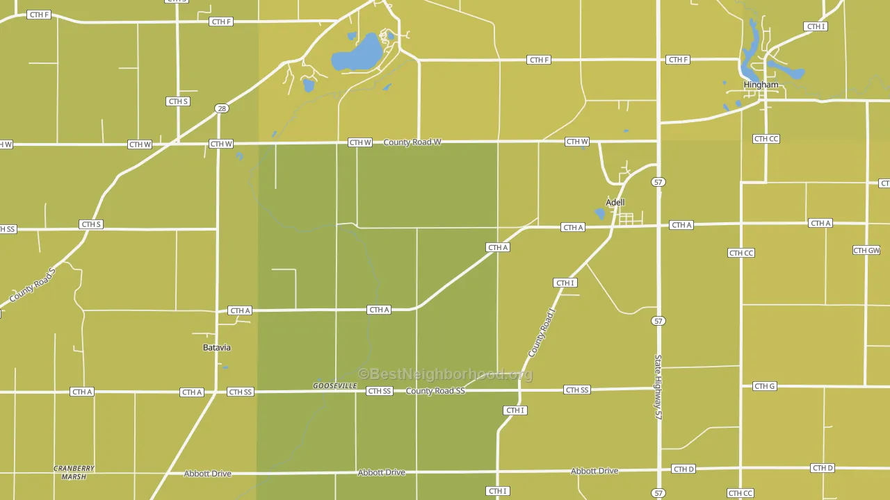 Map of the best neighborhoods in the Adell area, with better matches in green and worse matches in red