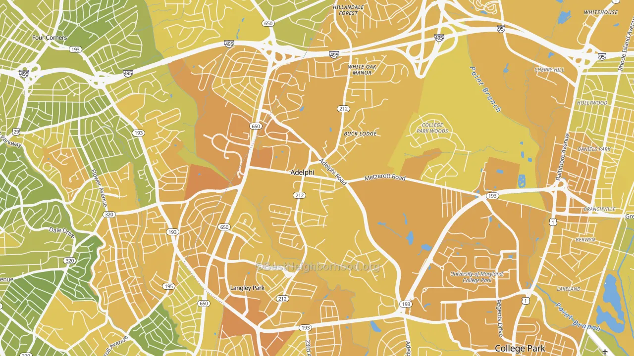 Map of the best neighborhoods in the Adelphi area, with better matches in green and worse matches in red
