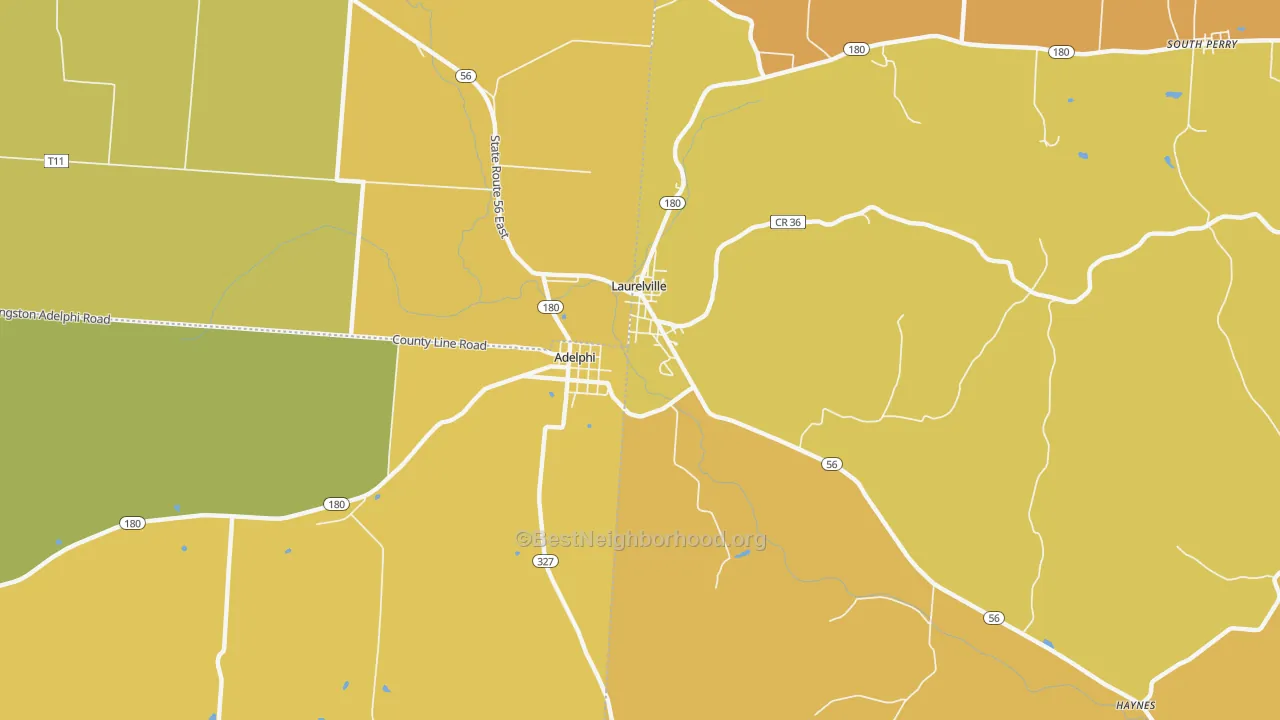 Map of the best neighborhoods in the Adelphi area, with better matches in green and worse matches in red