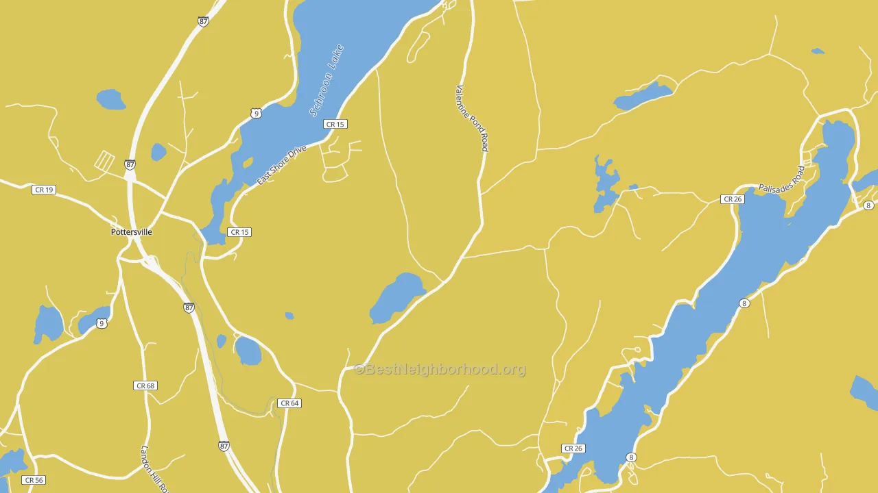 Map of the best neighborhoods in the Adirondack area, with better matches in green and worse matches in red