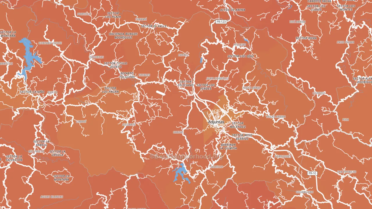 Map of the best neighborhoods in the Adjuntas Municipio area, with better matches in green and worse matches in red