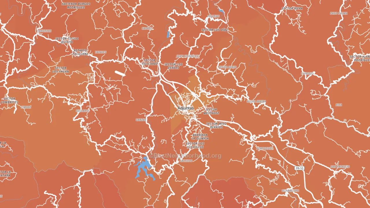 Map of the best neighborhoods in the Adjuntas area, with better matches in green and worse matches in red