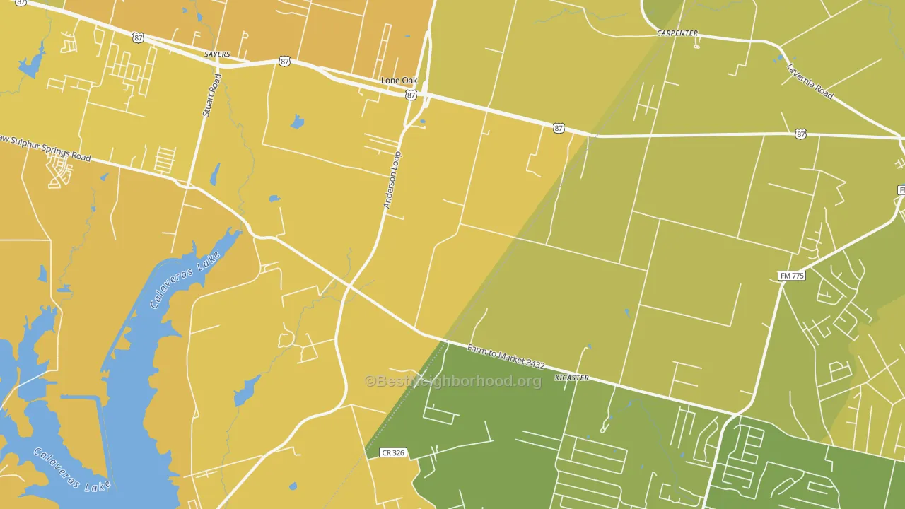 Map of the best neighborhoods in the Adkins area, with better matches in green and worse matches in red