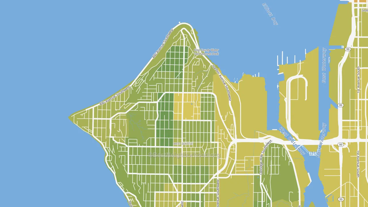 Map of the best neighborhoods in the Admiral, Seattle area, with better matches in green and worse matches in red
