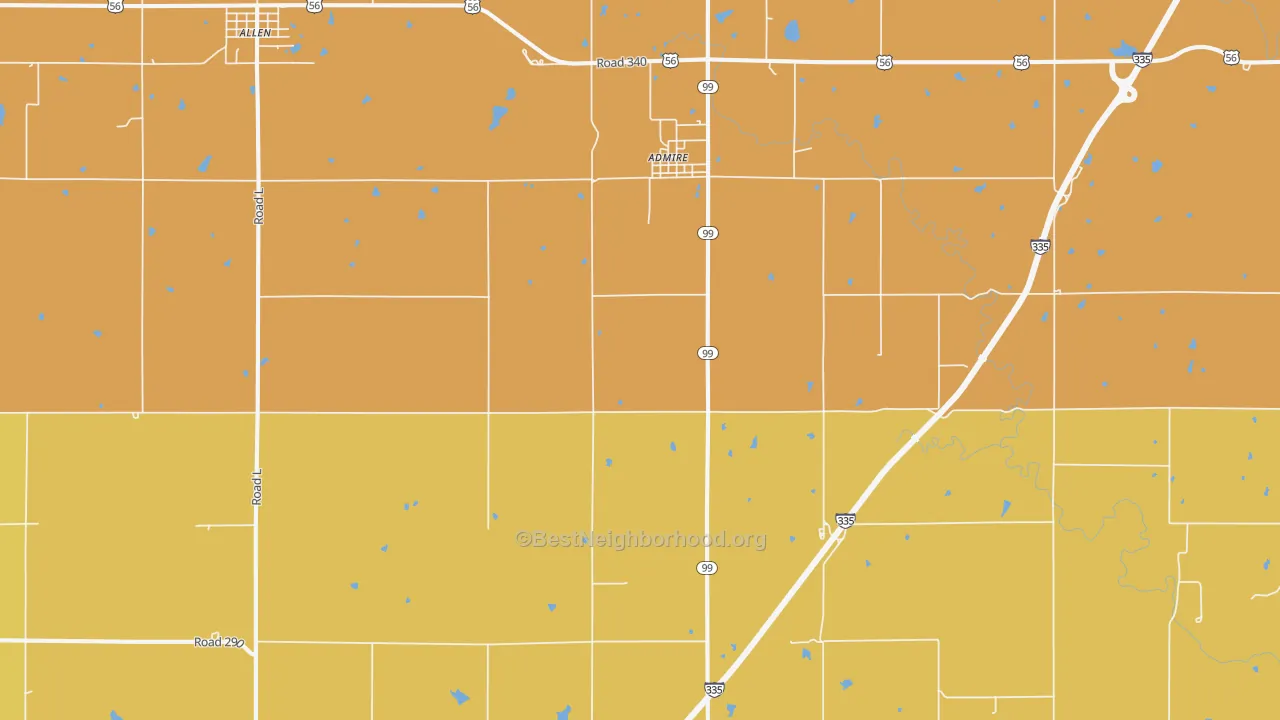 Map of the best neighborhoods in the Admire area, with better matches in green and worse matches in red