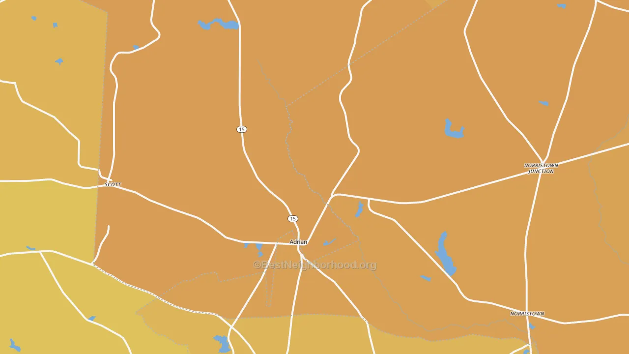 Map of the best neighborhoods in the Adrian area, with better matches in green and worse matches in red