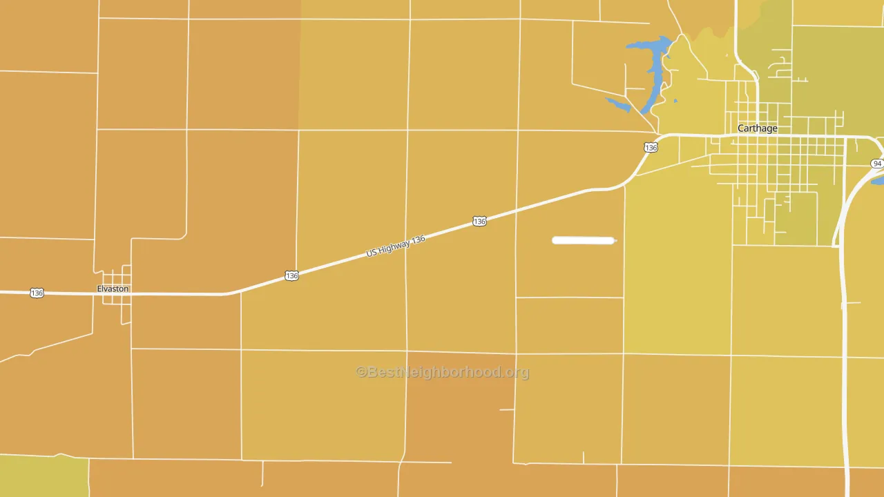 Map of the best neighborhoods in the Adrian area, with better matches in green and worse matches in red