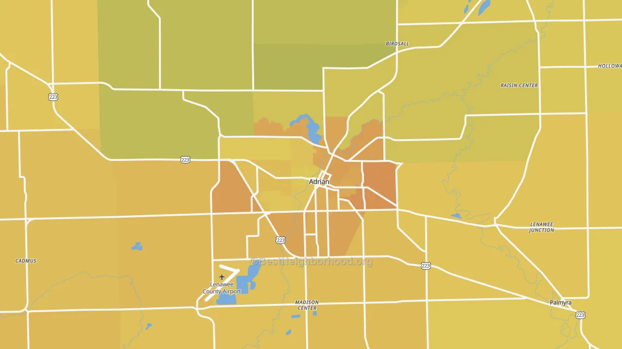 Map of the best neighborhoods in the Adrian area, with better matches in green and worse matches in red