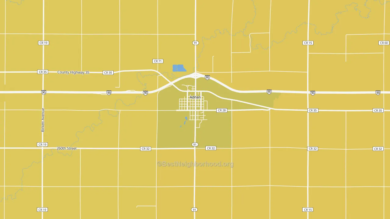 Map of the best neighborhoods in the Adrian area, with better matches in green and worse matches in red