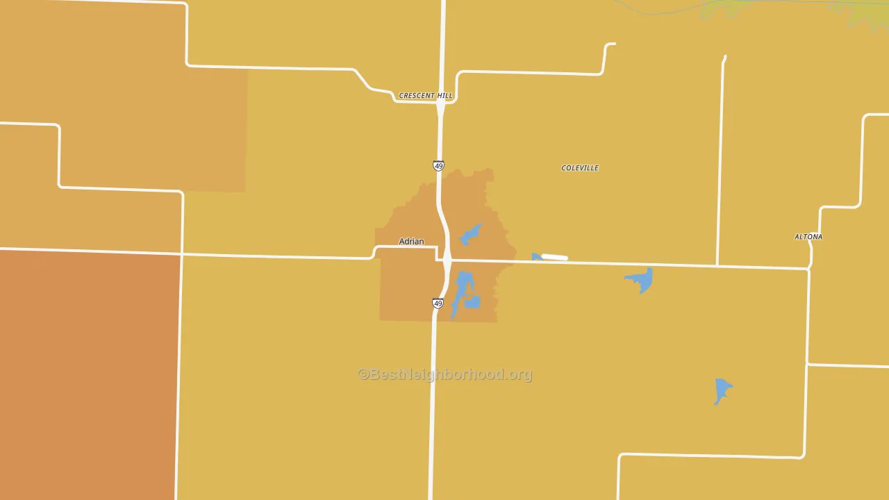 Map of the best neighborhoods in the Adrian area, with better matches in green and worse matches in red