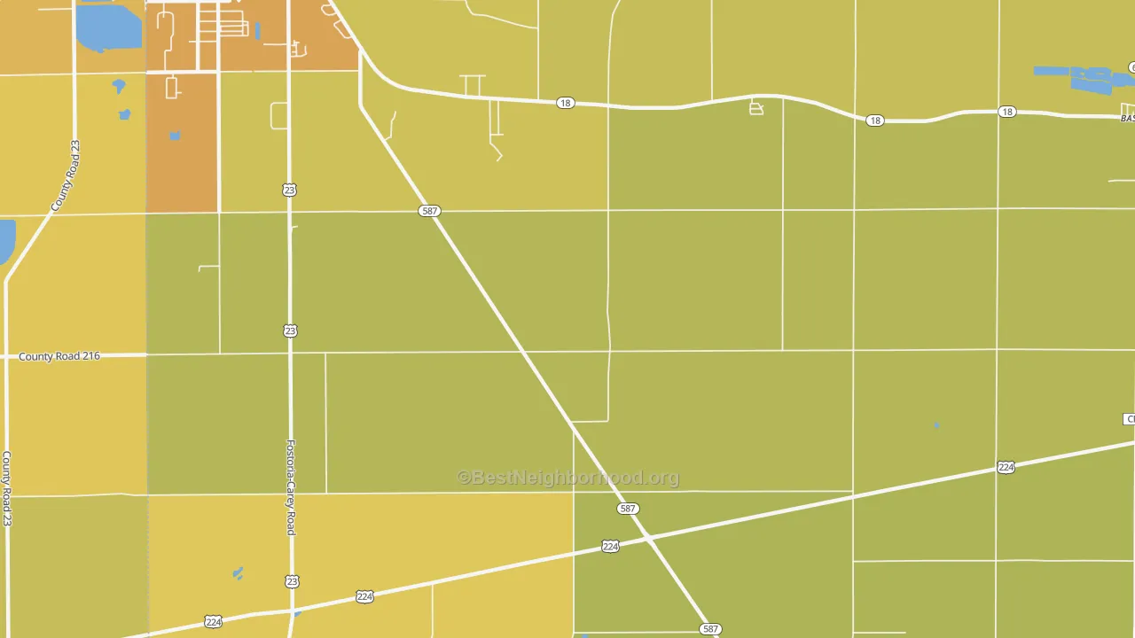 Map of the best neighborhoods in the Adrian area, with better matches in green and worse matches in red