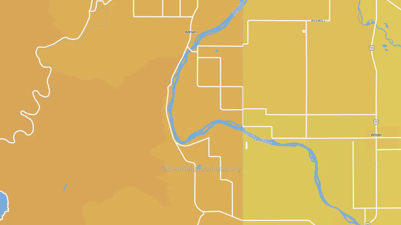 Map of the best neighborhoods in the Adrian area, with better matches in green and worse matches in red