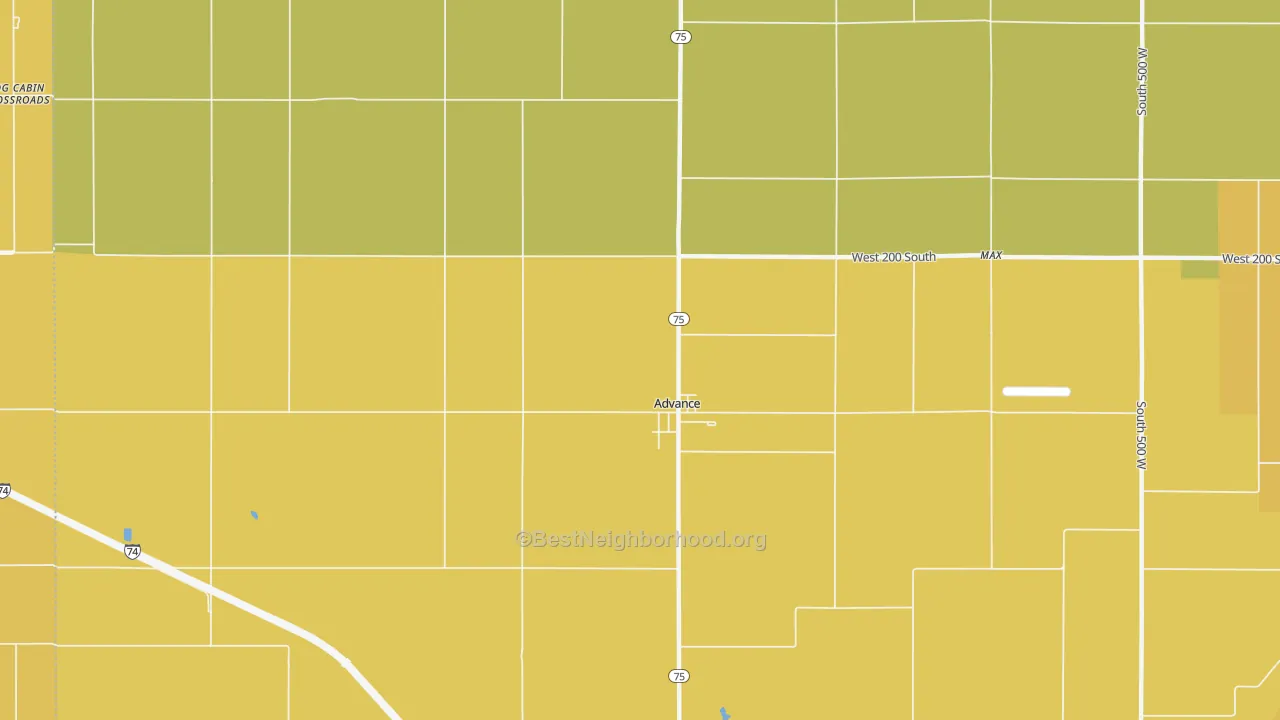 Map of the best neighborhoods in the Advance area, with better matches in green and worse matches in red