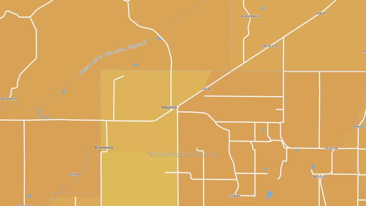 Map of the best neighborhoods in the Advance area, with better matches in green and worse matches in red