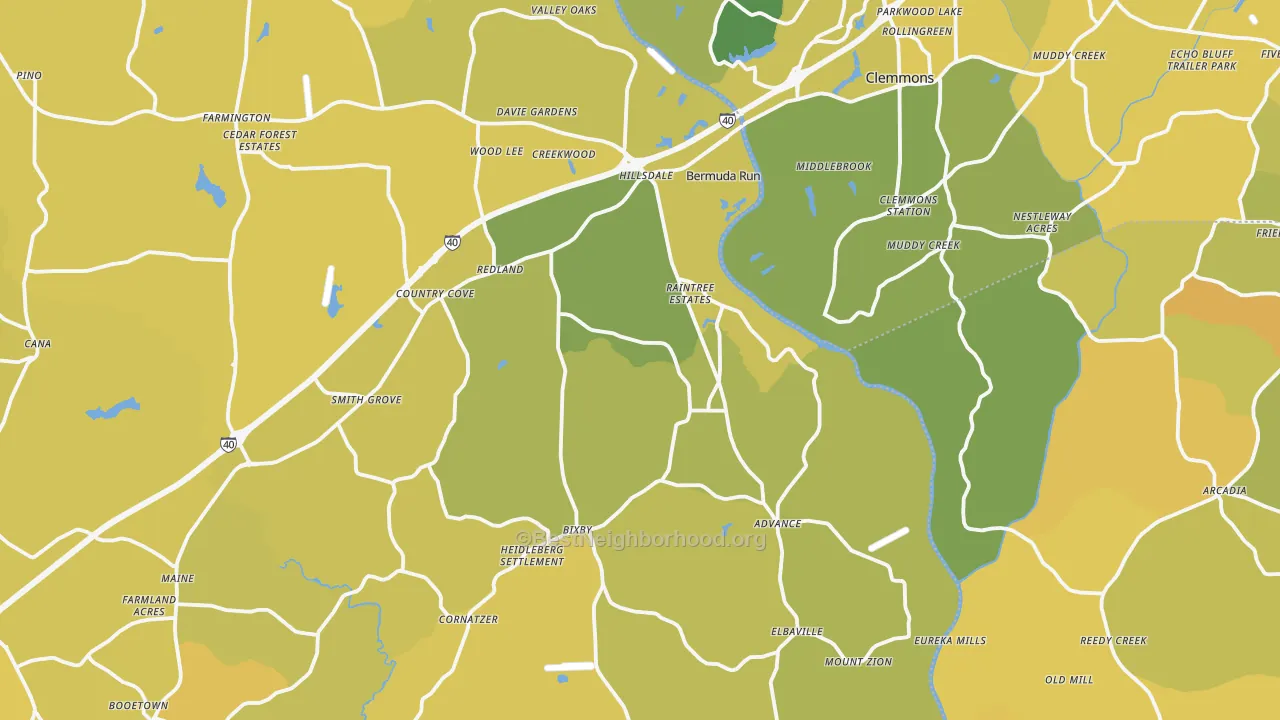 Map of the best neighborhoods in the Advance area, with better matches in green and worse matches in red
