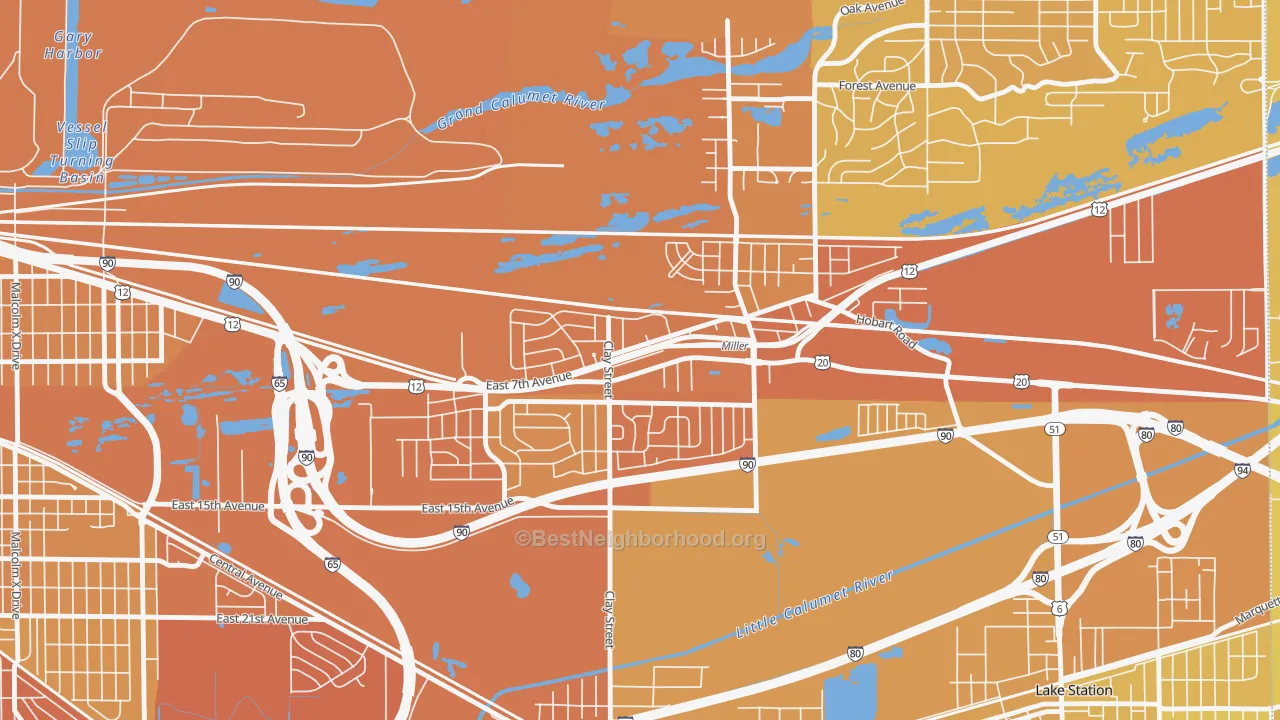 Map of the best neighborhoods in the Aetna, Gary area, with better matches in green and worse matches in red