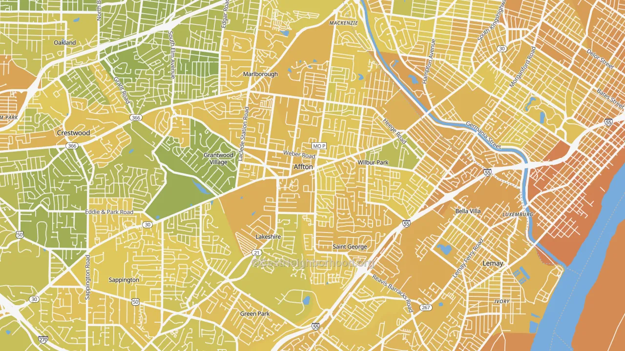 Map of the best neighborhoods in the Affton area, with better matches in green and worse matches in red