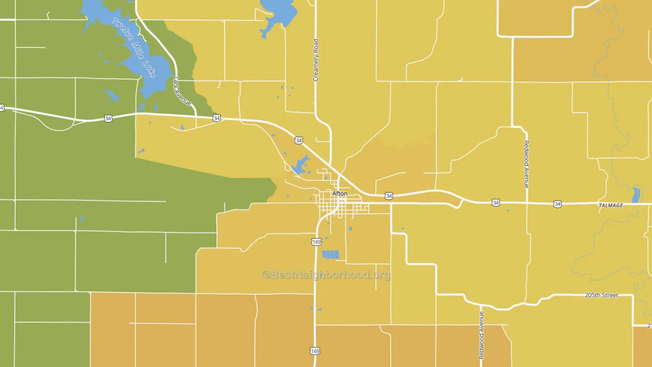 Map of the best neighborhoods in the Afton area, with better matches in green and worse matches in red