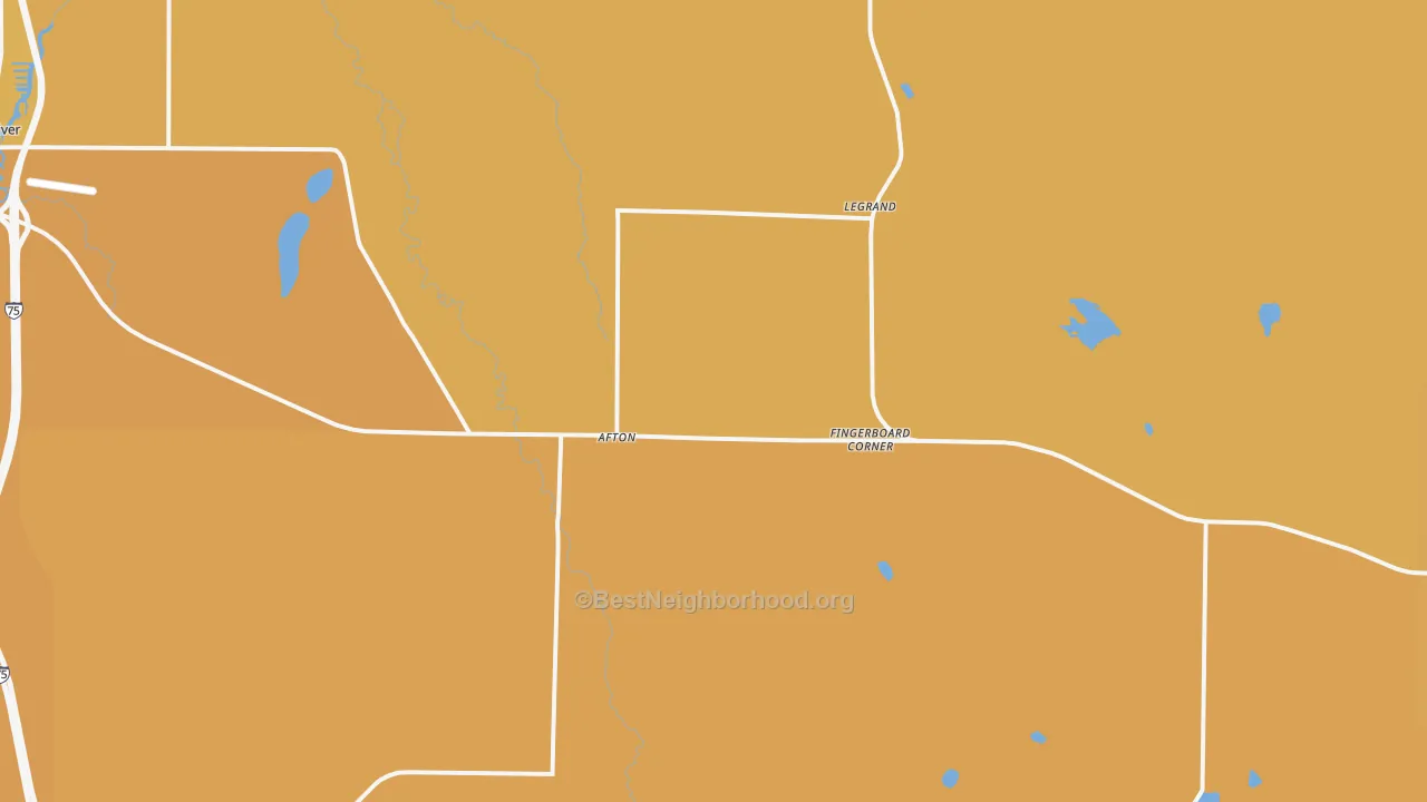 Map of the best neighborhoods in the Afton area, with better matches in green and worse matches in red