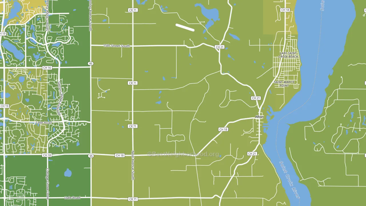Map of the best neighborhoods in the Afton area, with better matches in green and worse matches in red