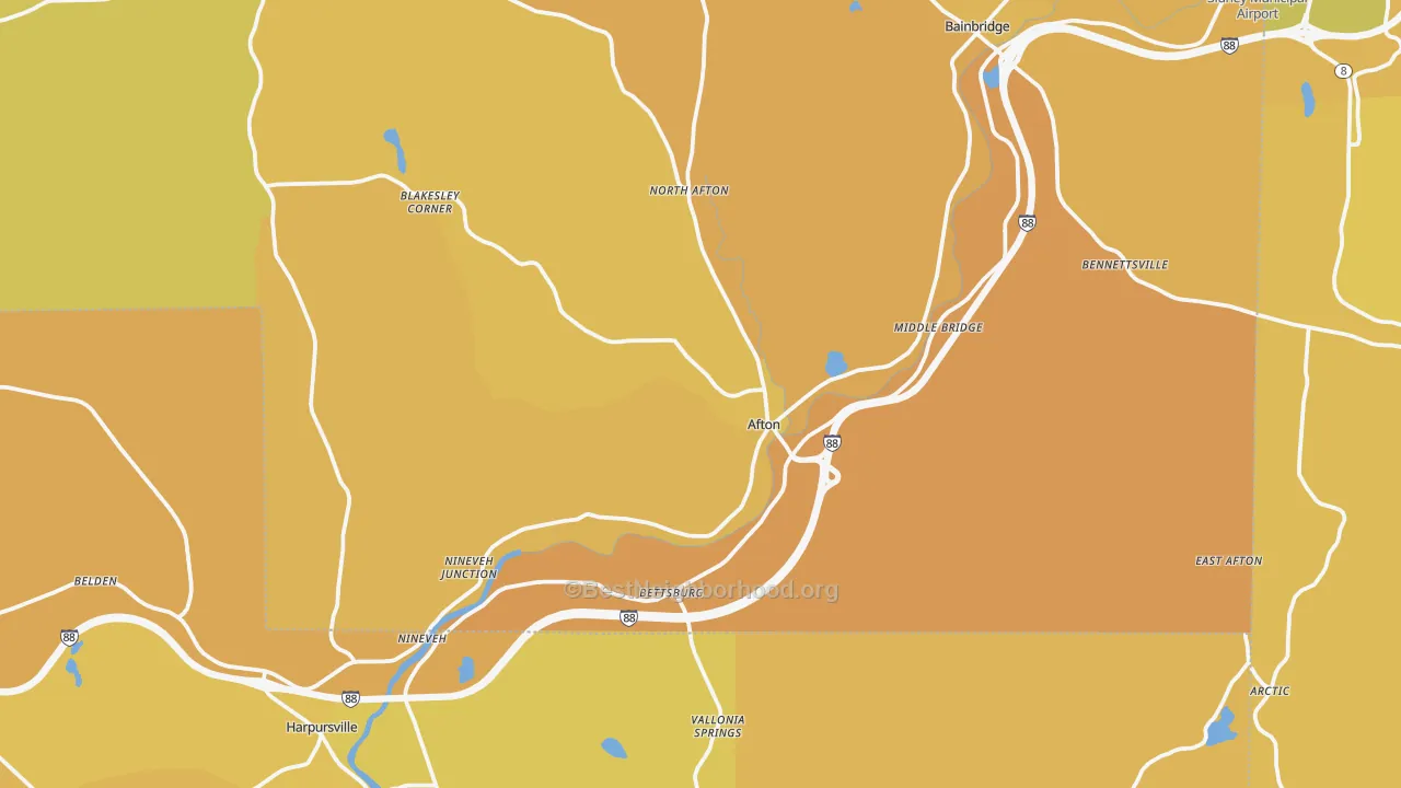 Map of the best neighborhoods in the Afton area, with better matches in green and worse matches in red