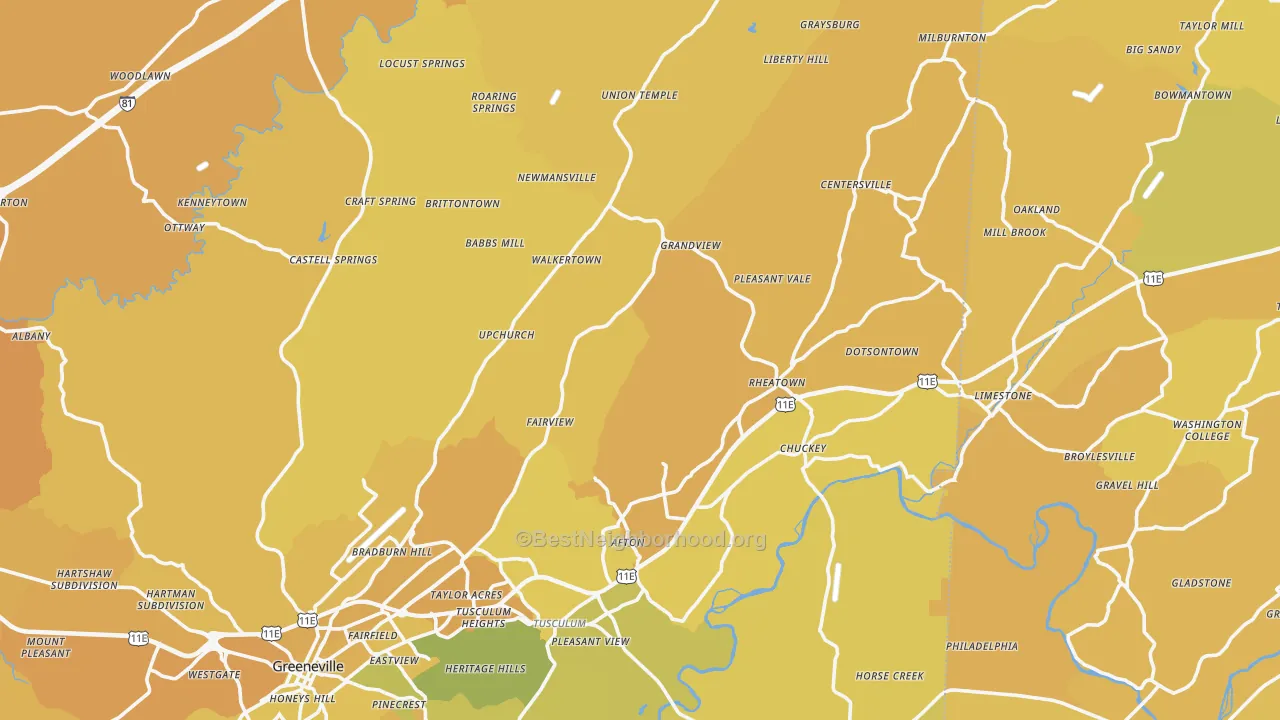 Map of the best neighborhoods in the Afton area, with better matches in green and worse matches in red