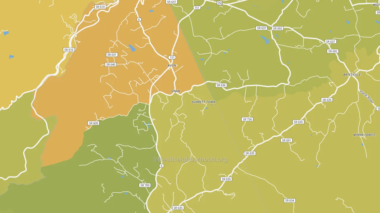 Map of the best neighborhoods in the Afton area, with better matches in green and worse matches in red