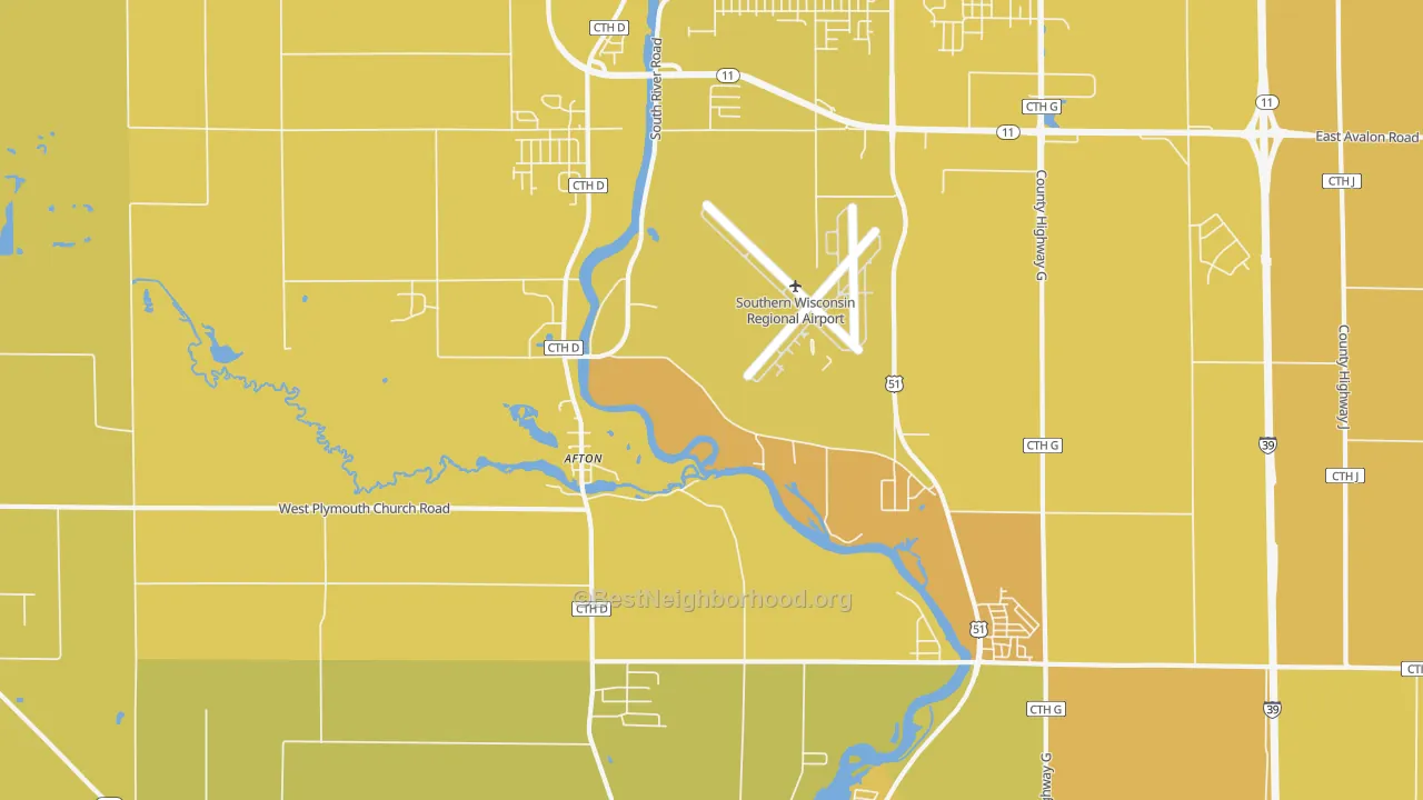 Map of the best neighborhoods in the Afton area, with better matches in green and worse matches in red