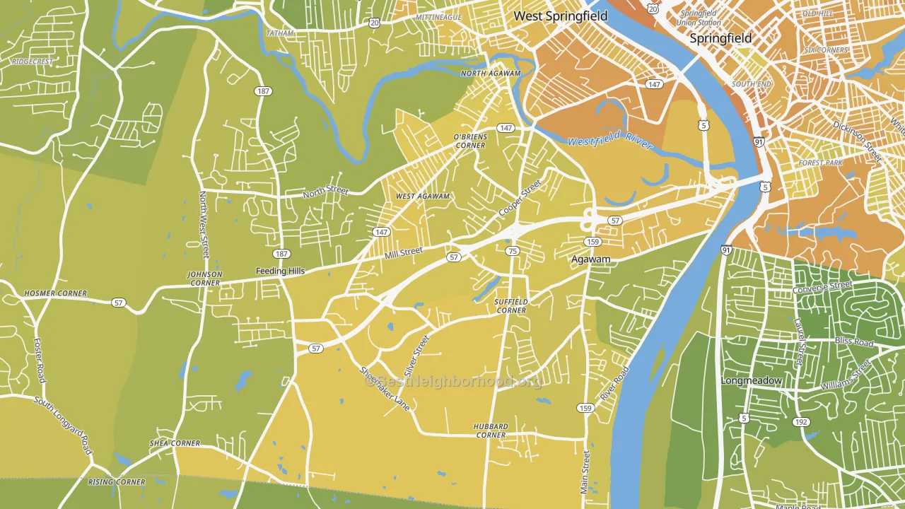 Map of the best neighborhoods in the Agawam Town area, with better matches in green and worse matches in red