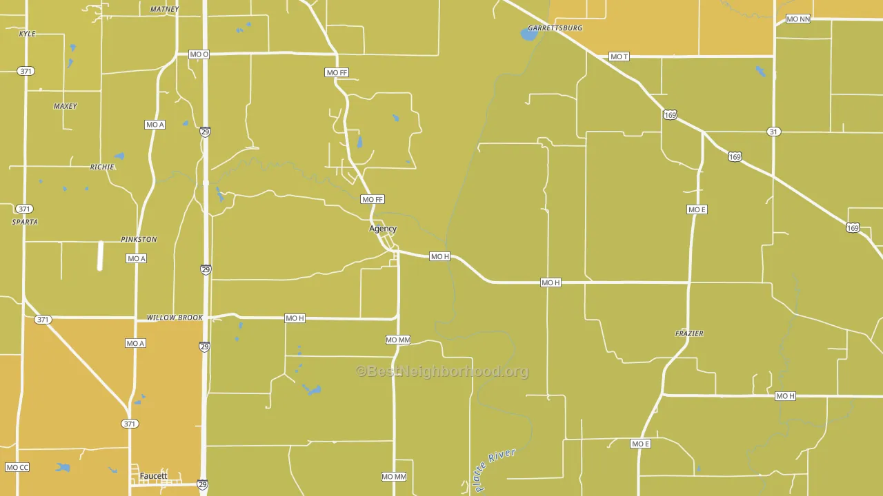 Map of the best neighborhoods in the Agency area, with better matches in green and worse matches in red
