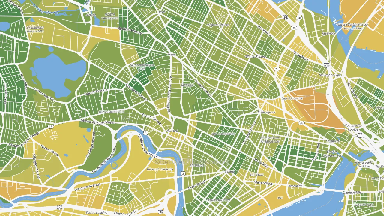 Map of the best neighborhoods in the Aggasiz-Harvard, Cambridge area, with better matches in green and worse matches in red