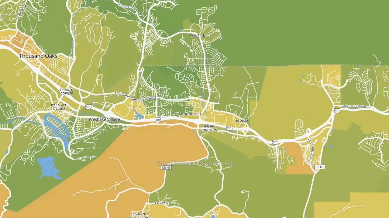 Map of the best neighborhoods in the Agoura Hills area, with better matches in green and worse matches in red