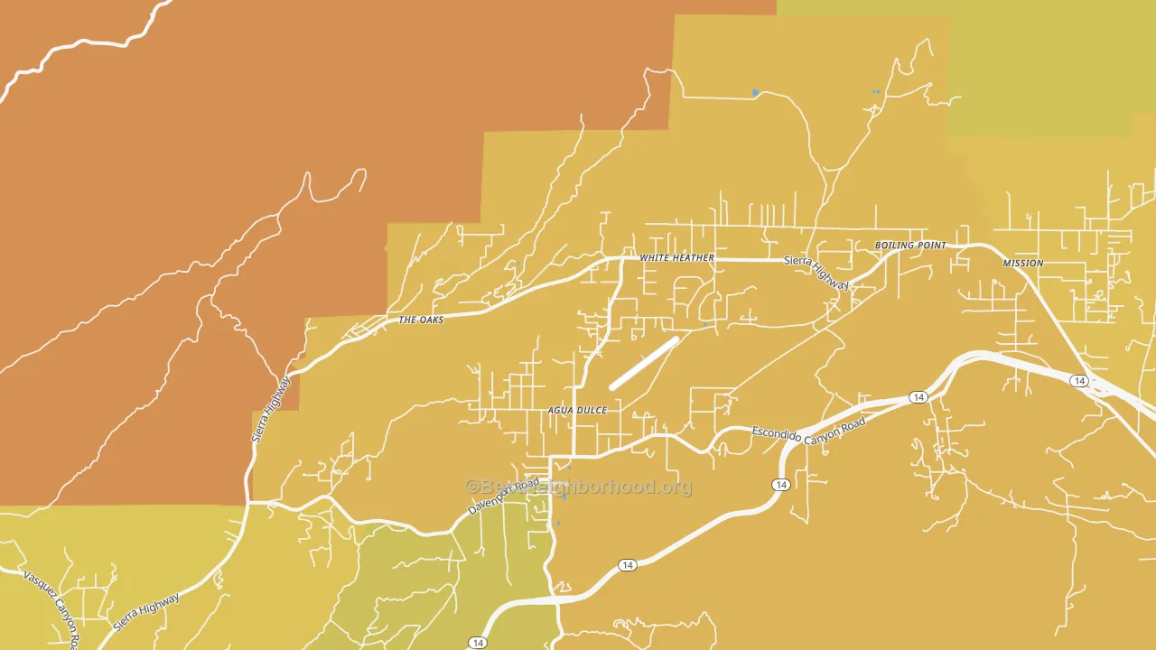 Map of the best neighborhoods in the Agua Dulce area, with better matches in green and worse matches in red